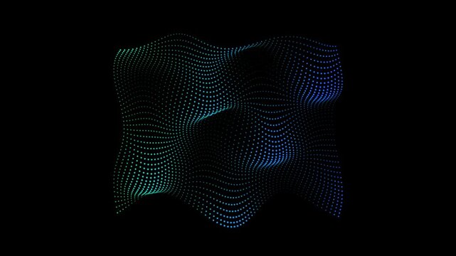Abstract digital wave of glowing blue and green dots. Futuristic particle flow on black background. High-tech motion graphics for data visualization.