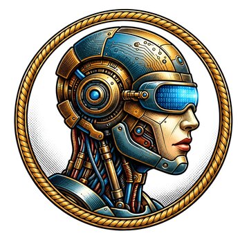 Futuristic cyborg head profile with binary code visor and golden frame illustration