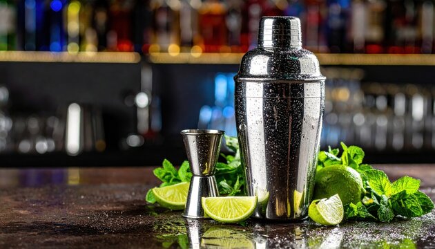 Polished chrome cocktail shaker and jigger with fresh lime slices on a bar counter