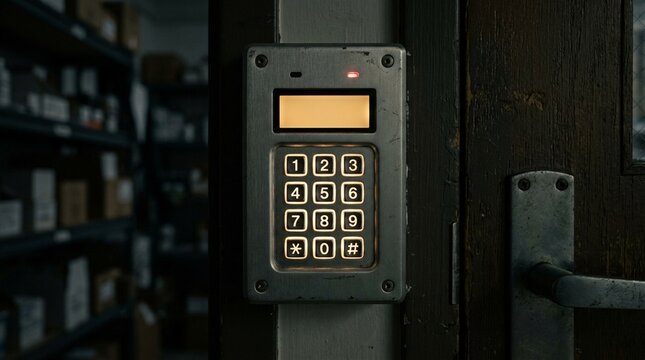 Keypad entry panel on a pharmacy back office door glowing with a small backlit display - Healthcare Stock Photo