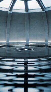 Vertical video: Rippling mirror pool in dome, droplet causing expanding rings and skylight bands