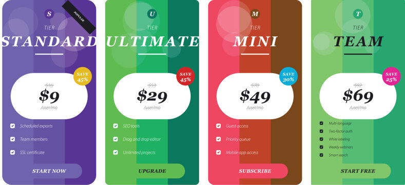 Mobile app subscription pricing cards design template Vector