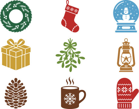 A collection of christmas related vector pixel art icons including a wreath, stocking, snow globe, gift, mistletoe, lantern, pine cone, hot cocoa mug, and mitten, perfect for holiday season designs
