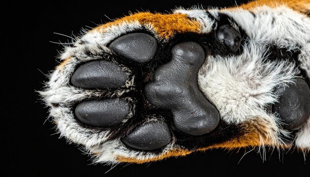 Close Up of a Tiger Paw Showing Pads and Fur on Black Background