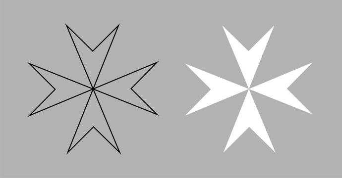 Maltese cross white, black contour outline symbol from civil flag of Malta badge, button set. Maltese cross simple sticker, flat logos.