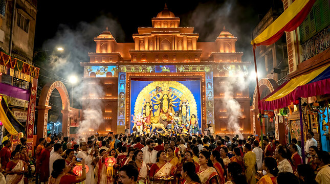 Grand Durga Puja Festival Celebration with Illuminated Pandal and Crowds.