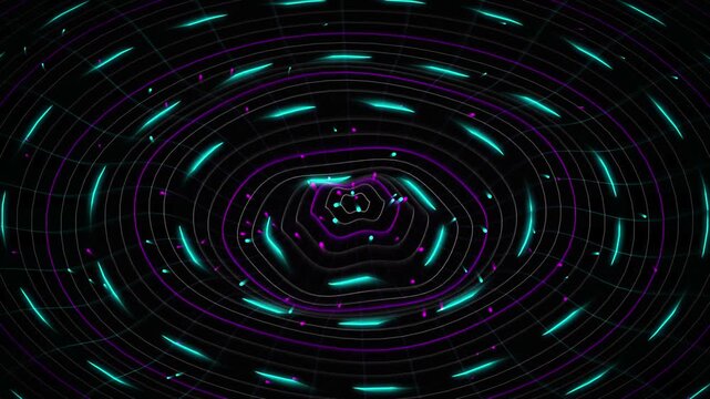 Futuristic digital radar screen with glowing teal pulses. Abstract HUD interface with circular data waves. Sci-fi technology background for cybersecurity.