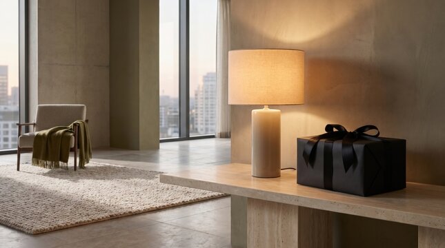 Black gift box tied with ribbon resting next to a glowing table lamp for a luxury holiday offer