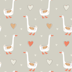 Repeat texture for textile or wrapping paper. Vector seamless pattern with funny geese and hearts. Cute domestic birds ornament. Wallpaper in a flat style with cartoon characters. © Tatiana