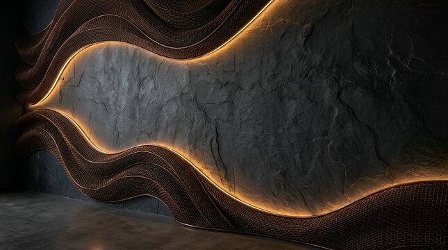 Abstract Wavy Wood Layered Sculpture, Warm Amber LED Light Glow, Dark Rustic Texture, Modern Organic Interior Design Concept, Architectural Detail