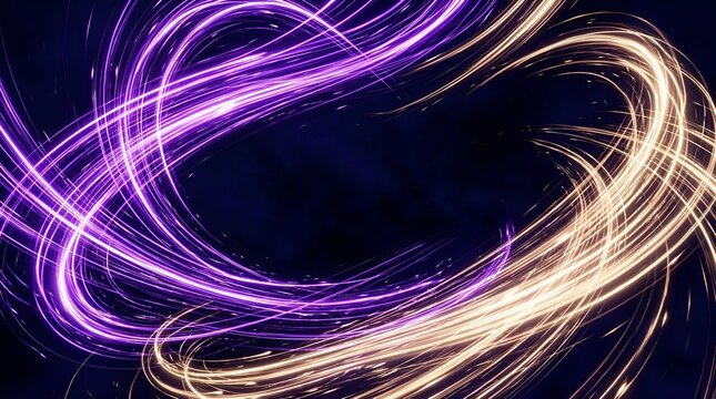 Abstract light trails in purple and gold swirls, glowing neon lines and waves, dynamic bokeh stream on dark background, long exposure photography, creative backdrop design