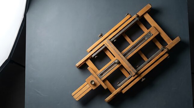 A wooden tabletop easle folded compactly on a dark surface ready for artistic creation in a studio