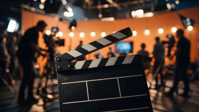 Clapperboard held in foreground for professional video production set with blurred crew members working under bright cinematic lighting inside a busy orange television studio environment