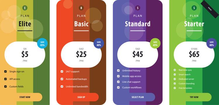 Mobile phone pricing plans comparison interface design Vector