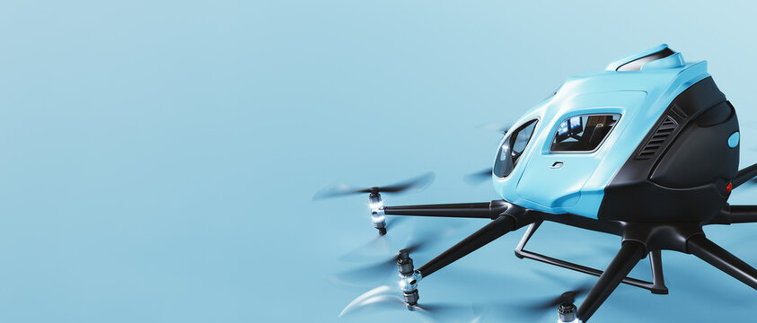 Flying car concept on blue background with copy space. Future car. Flying transport. 3D Rendering, 3D Illustration