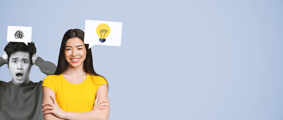 Frustrated Asian Male With Hands On Head And Happy Female Showing Light Bulb Idea, Demonstrating...