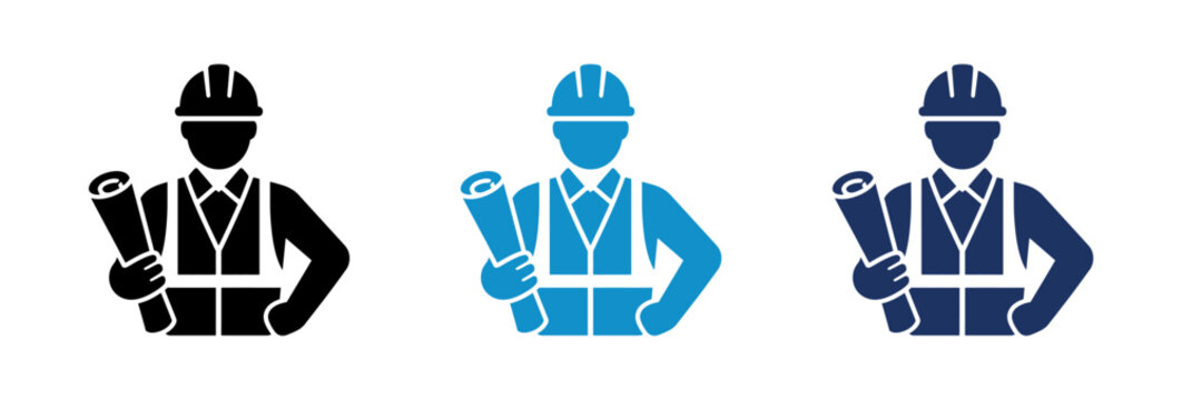 Professional architect and construction engineer icons wearing safety helmets and holding blueprints.