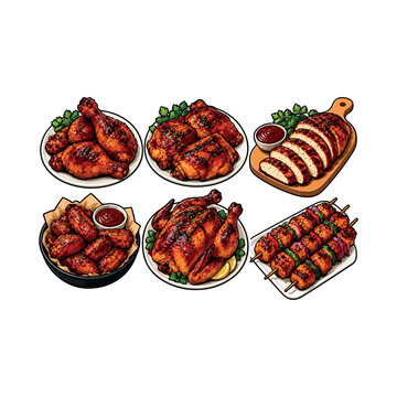 Grilled Chicken BBQ Collection with Wings, Drumsticks, Whole Chicken and Skewers? Food Vector Illustration
