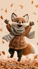 Fototapeta premium A fox character jumps happily in a shower of colorful leaves. The scene captures the joy of autumn with warm light and fun expression.