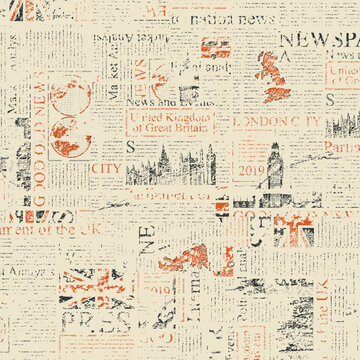 Vintage British Newspaper Seamless Pattern with London Landmarks, UK Map and Grunge Typography for Fabric, Wallpaper and Packaging