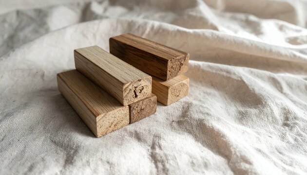 Natural Wooden Blocks Stacked Artistically on a Textured Neutral Fabric Surface