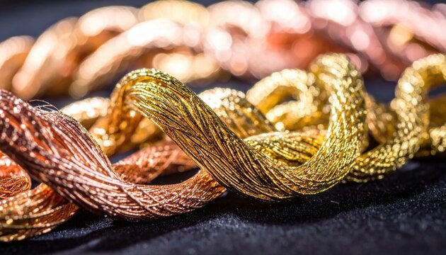 Close up of intertwined metallic threads in gold and copper colors, showcasing a shiny textured surface
