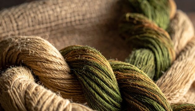 Close-up of twisted brown and green embroidery threads resting on a coarse burlap fabric texture