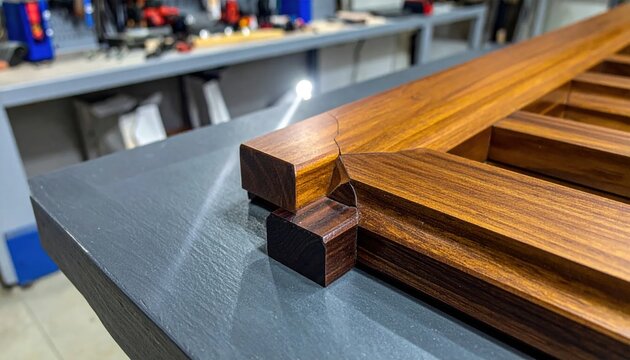Close-up of precisely cut wooden joints in a timber frame construction project