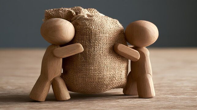 Two wooden characters are carrying a weighted sack, representing shared burdens.
