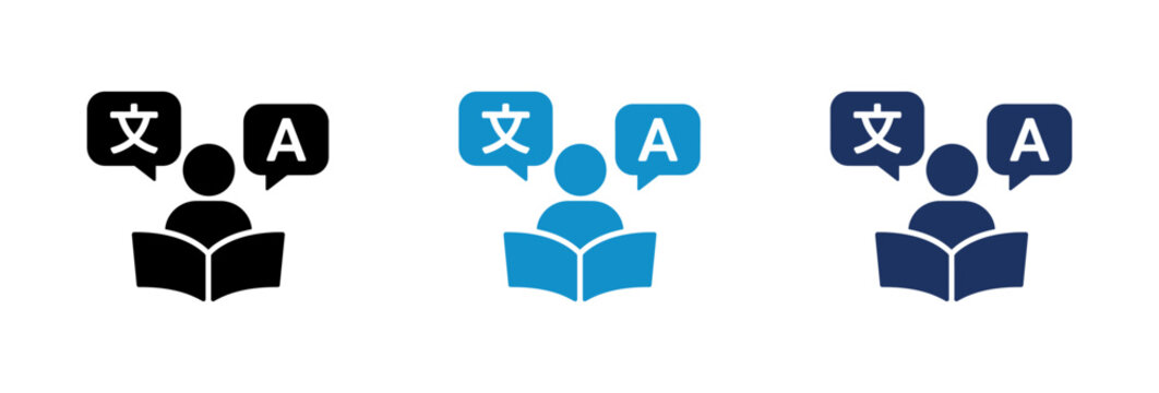 Language translation and learning icons showing person reading book with speech bubbles.