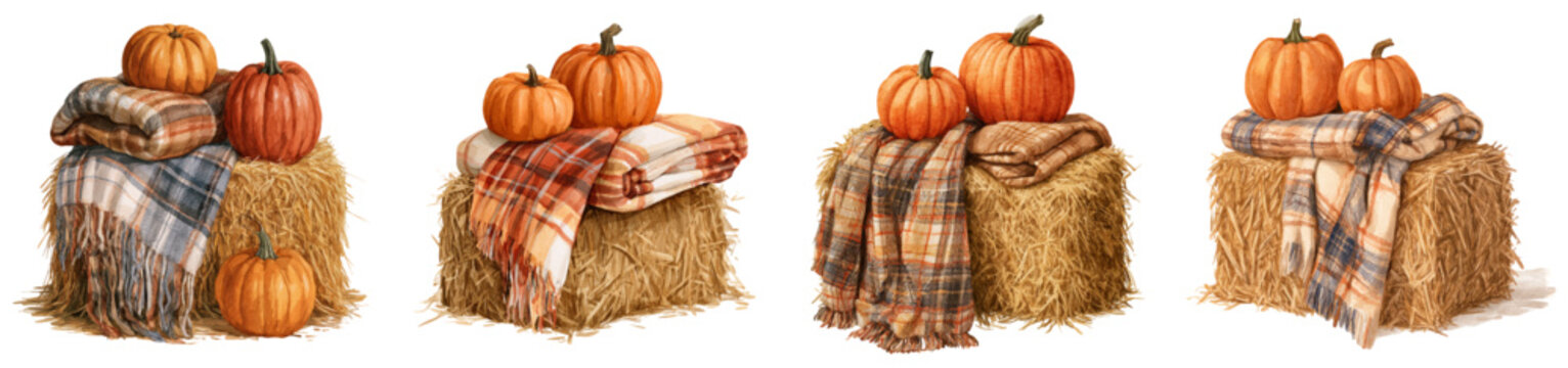 Rustic fall arrangements featuring pumpkins and cozy plaid blankets resting on hay bales, creating warm harvest decorations for autumn festivities and celebrations