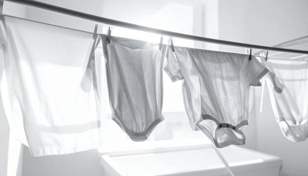 Crisp white baby clothes gently drying on a clothesline in bright sunlight.