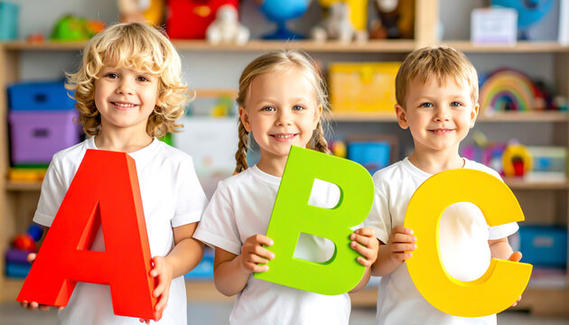 Happy children holding colorful ABC letters in classroom