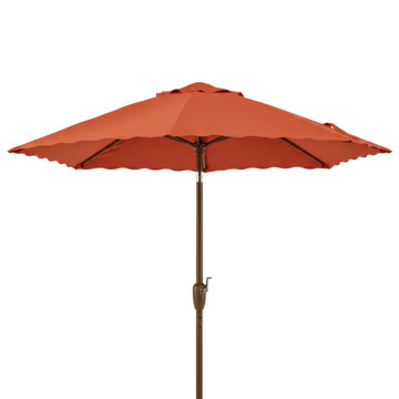 Large square patio umbrella with warm terracotta orange scalloped canopy and bronze metallic pole, isolated against a seamless transparent studio background, high-end product catalog display