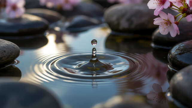 A macro photograph of a water droplet captured in perfect focus, creating a symmetrical splash pattern on the surface of still water.  (1)