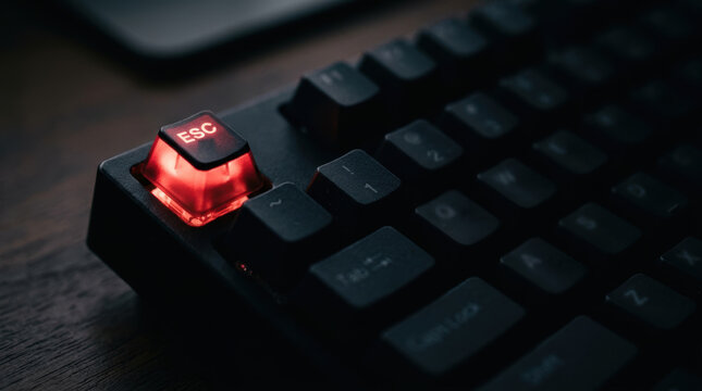 Tech layoffs forecast keyboard escape key red dark computer office