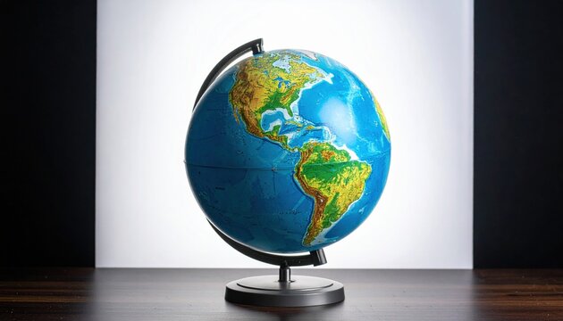 Detailed terrestrial globe with vibrant landmasses and blue oceans on a dark stand