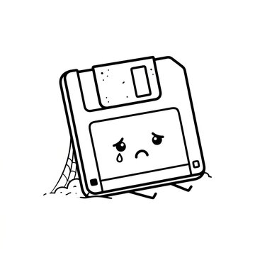 Emotional Floppy Disk with Sad Expression on Broken Surface.