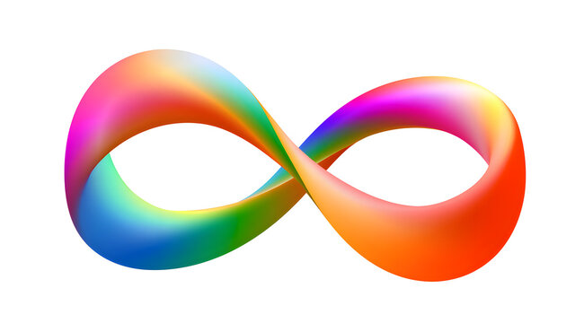 An abstract, gradient-filled mobius strip on a white background. Vibrant, three-dimensional loop with smooth, curving lines, forming a flowing, ribbon-like shape. The design embodies modernity and end