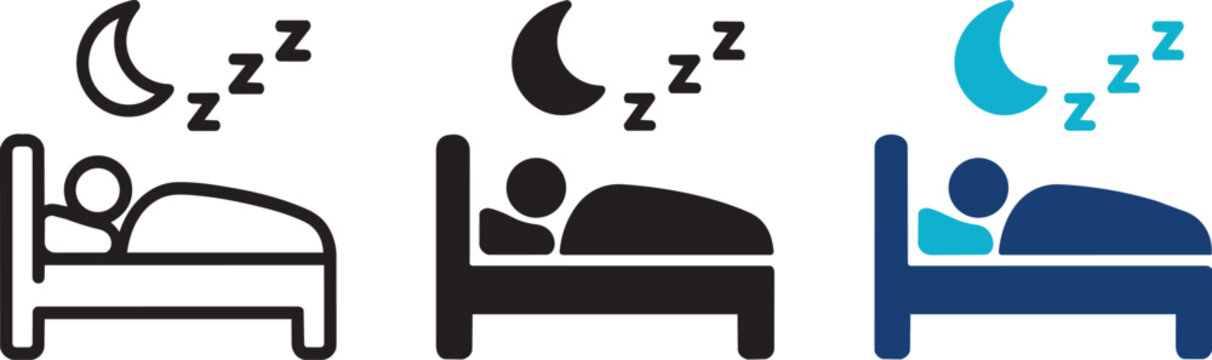 Sleep and bedtime icon collection showing a person sleeping in bed with moon and stars in black and blue minimal sleep style