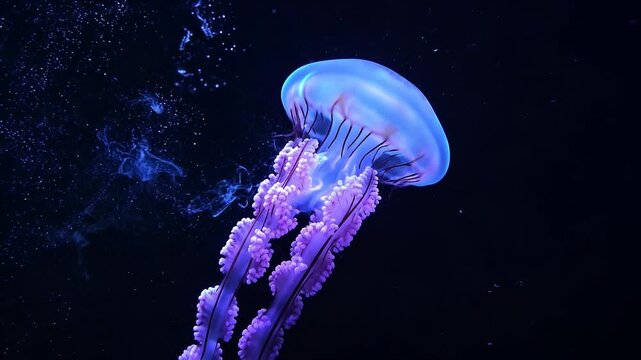 Bioluminescent blue and purple jellyfish swimming in deep black ocean water
