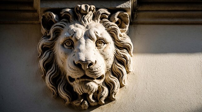 Stone lion head corbel adorns building exterior wall with dramatic light and shadow play. Classical architectural element displays ornate carving and regal detail on aged plaster.