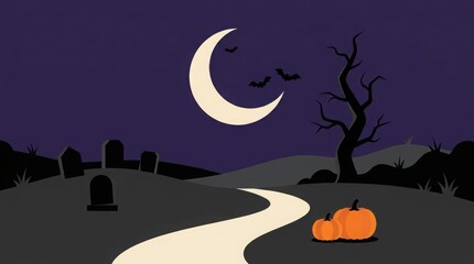 Fototapeta premium A spooky halloween night scene featuring a crescent moon winding path tombstones bare trees and glowing jack o' lanterns in a dark