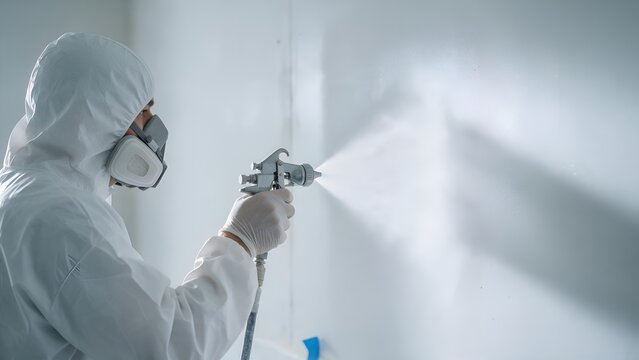 Professional painter wearing protective white coverall and respirator mask applying fresh paint on a smooth interior wall surface using a modern high pressure spraying tool device