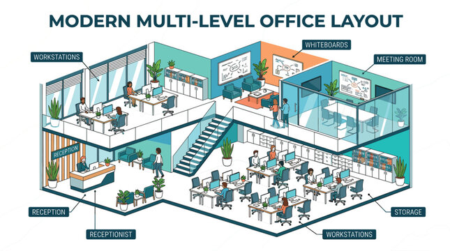 Modern Multi Level Office Layout Isometric Vector Illustration with Workstations Reception Meeting Room