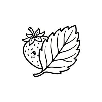 Elegant Blackline Illustration of a Strawberry with Leaf.