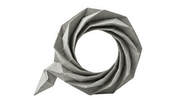 Abstract circular sculpture made of folded grey cardboard isolated on transparent background