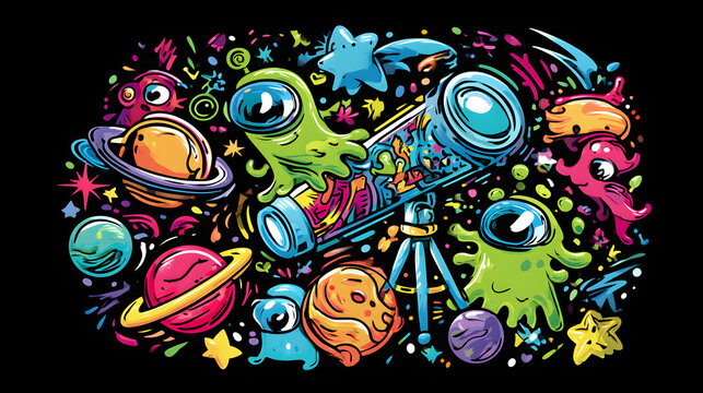 A colorful space-themed doodle illustration featuring a telescope surrounded by planets, stars, and cute alien characters on a solid black background