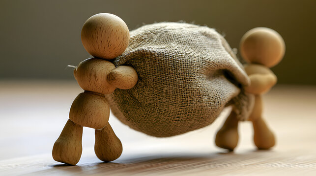 Two wooden statues bear a heavy sack tied with burlap, indicating shared burdens.