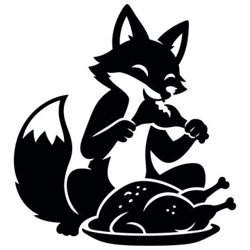 Cunning black fox character eating delicious roasted poultry silhouette icon